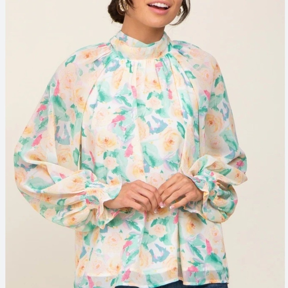 Entro Green Floral Mock Neck Tie Back Blouse Pastel Watercolor Large